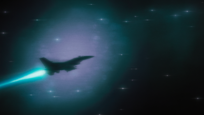 Fighter Jet Flying Through Space with Cyan Exhaust Trail