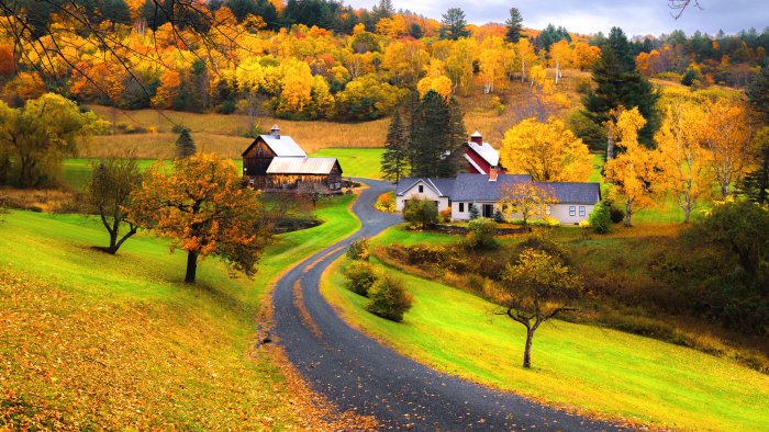 Autumn Landscape with Winding Road and Country Barns