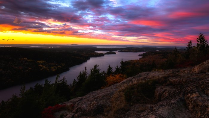 Sunset Over Lake and Forest from Rocky Overlook