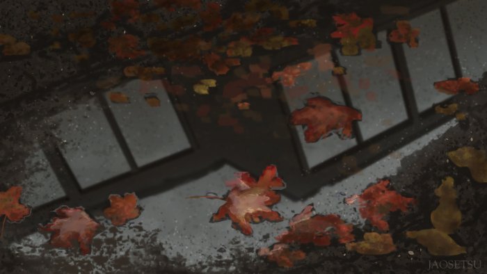 Fallen Autumn Leaves and Window Reflection in a Puddle