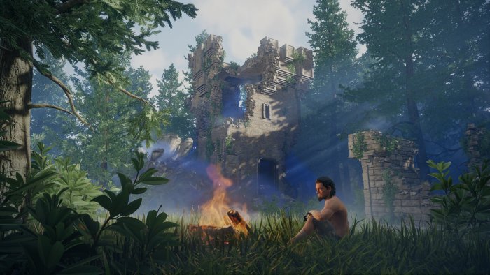 Man sitting by campfire near ruined tower in Enshrouded