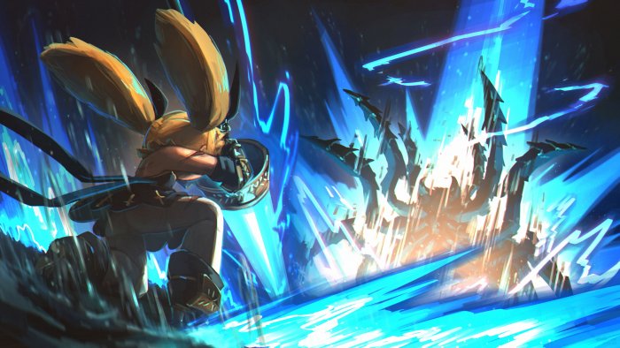 Poppy from League of Legends Facing a Giant Monster