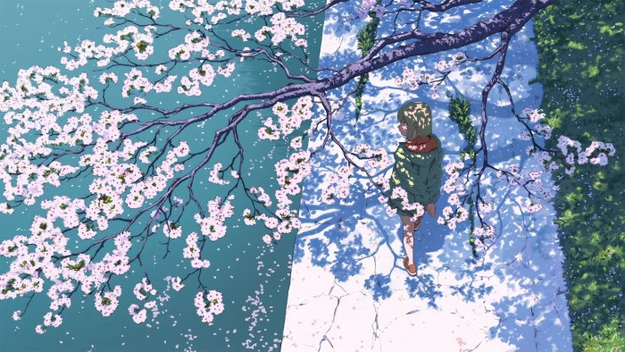 Anime girl walking under blooming cherry blossom tree