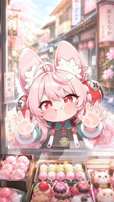 Chibi Pink-Haired Anime Girl Looking at Japanese Sweets