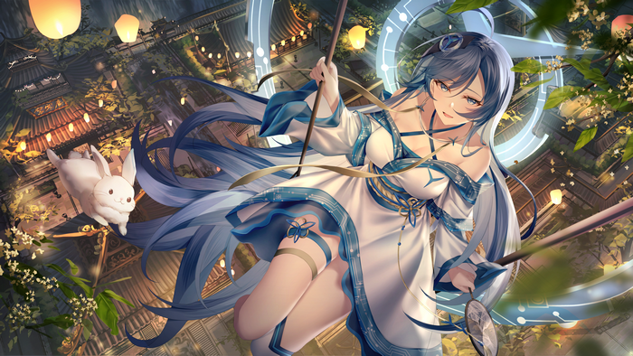 Girl with blue hair and a rabbit in a lantern-lit village
