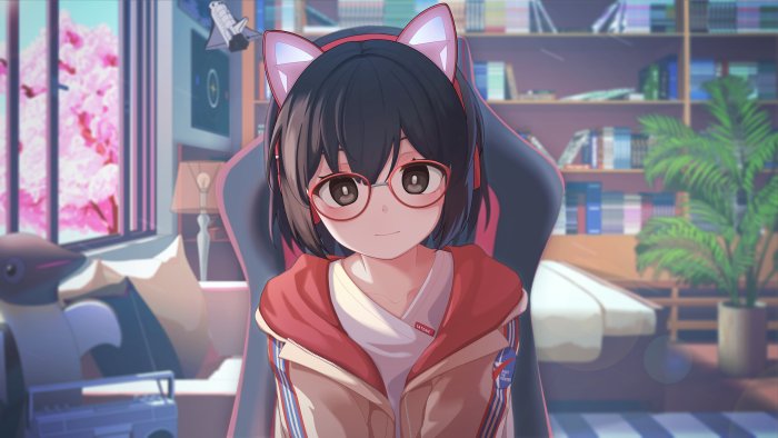 Anime Girl with Cat Ear Headphones in Gaming Chair