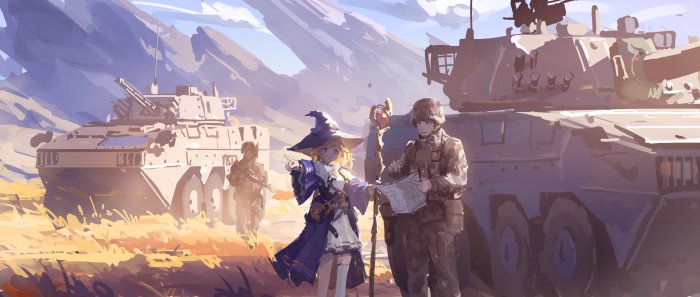 Anime Witch and Modern Soldier with Armored Vehicles
