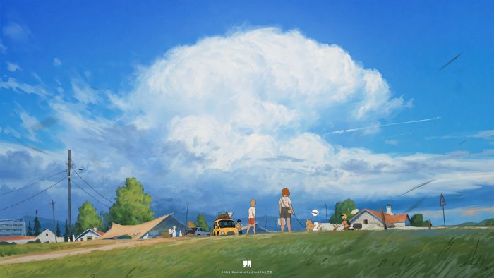 Anime characters on a hill under a giant cloud