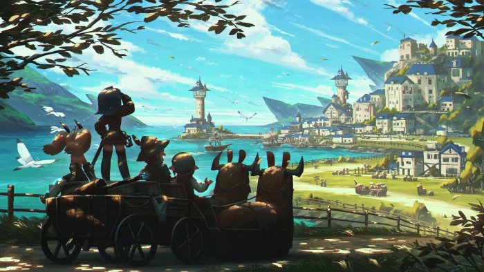 Fantasy adventurers in a cart overlooking a coastal city
