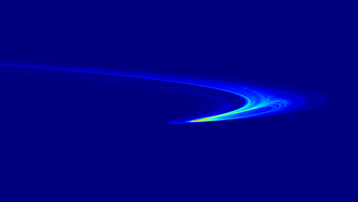 Abstract chaotic attractor light trail on dark blue
