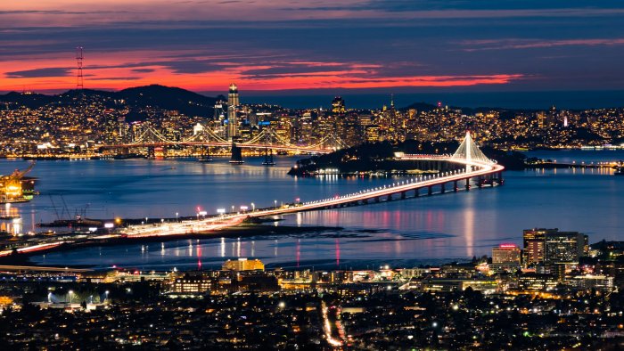 San Francisco Bay Bridge and Skyline at Night