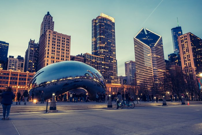 Cloud Gate Sculpture and Chicago Skyline at Dusk