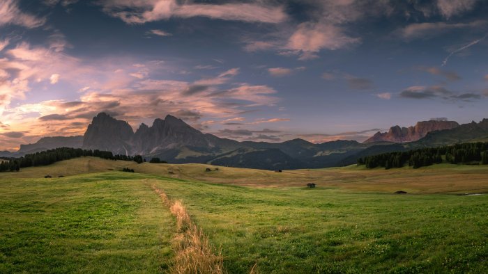 Green meadow and Dolomites mountains under sunset sky