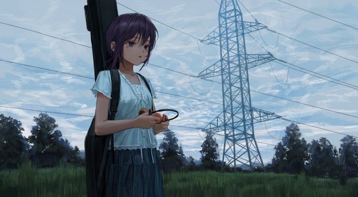 Anime girl with guitar case holding headphones near power tower
