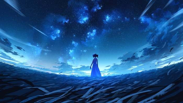 Anime girl in blue dress under starry night sky