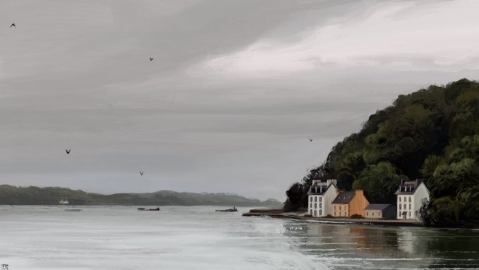 Digital painting of coastal houses under cloudy sky
