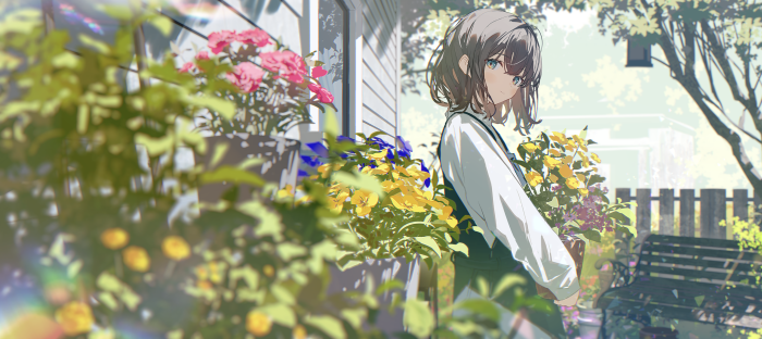 Anime Girl Holding Flower Pot in Sunny Garden