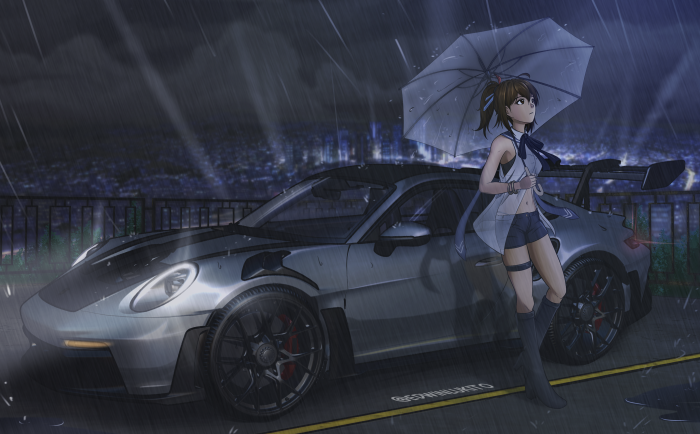 Anime Girl with Umbrella Next to Porsche 911 GT3 RS
