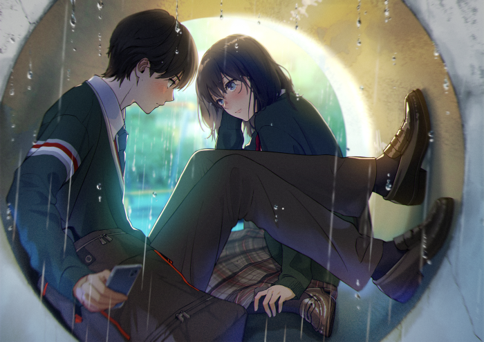 Two Anime Students Sheltering From Rain Inside a Pipe