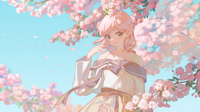 Anime Girl with Pink Hair and Cherry Blossoms