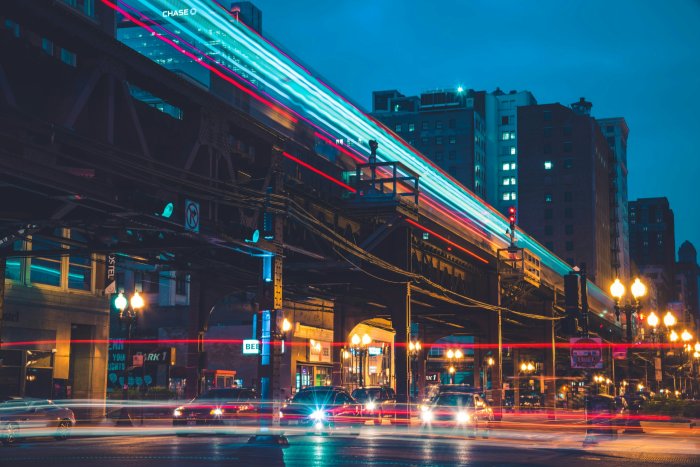 Long Exposure of Chicago Elevated Train and City Street