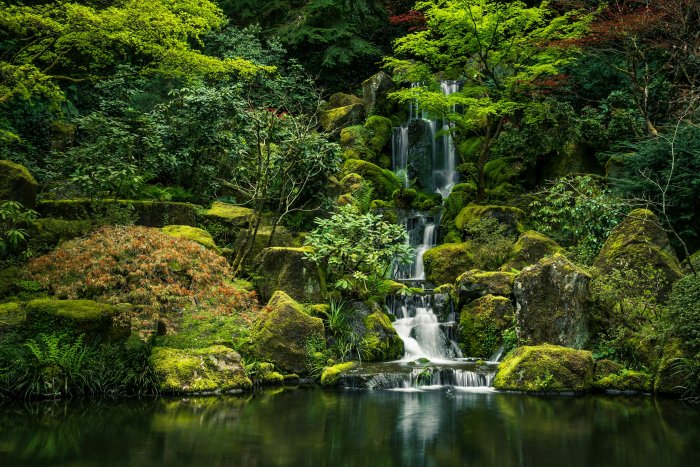 Lush waterfall in the Portland Japanese Garden