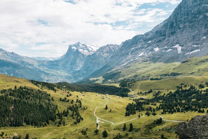Scenic Green Mountain Valley in the Swiss Alps