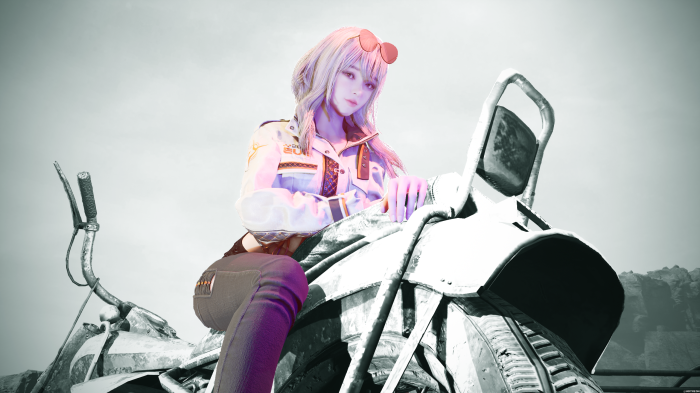 Eve from Stellar Blade sitting on a motorcycle