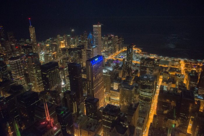 Aerial view of Chicago skyline at night