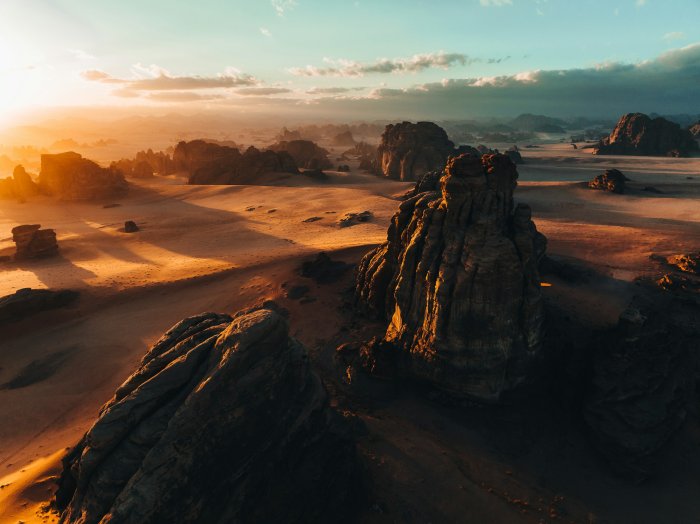 Sandstone rock formations in Hisma Desert at sunset