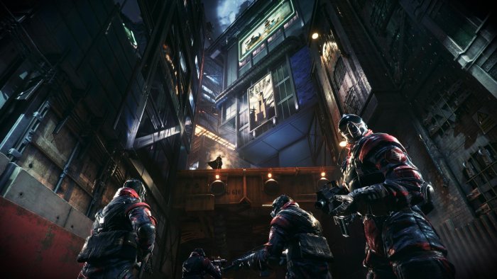 Batman watching militia soldiers in Batman: Arkham Knight