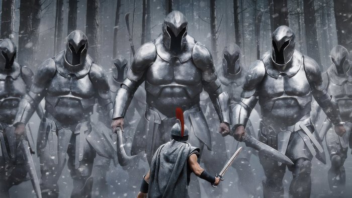 Lone warrior facing giant armored soldiers in The Odyssey