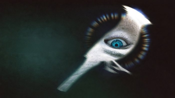 Blue eye peering through a keyhole in Disclosure Day