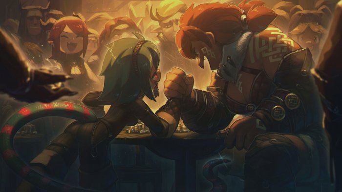 Noodle the Naga Arm Wrestling a Muscular Warrior