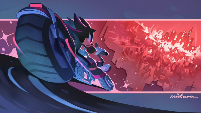 Shadow the Hedgehog riding a motorcycle overlooking a red city