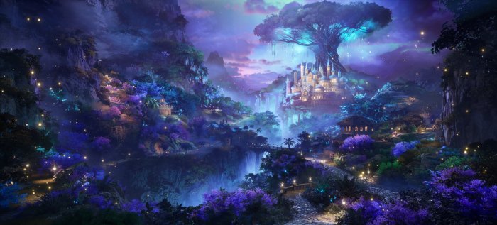 Magical castle beneath a glowing world tree