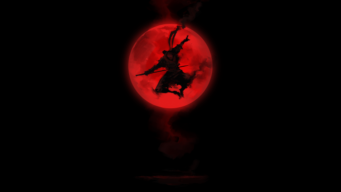 Wolf from Sekiro: Shadows Die Twice silhouette against red moon
