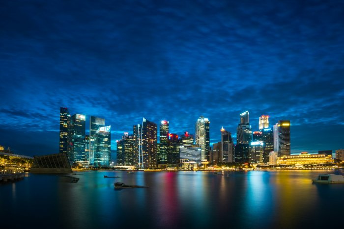 Singapore Skyline at Night with Water Reflections