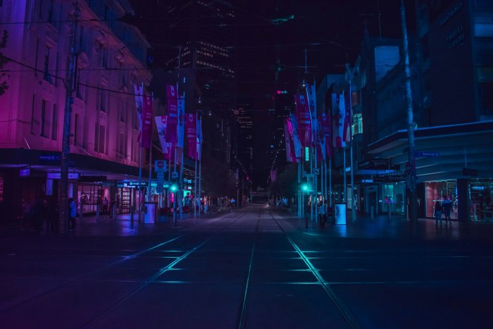 Two-toned neon city street at night