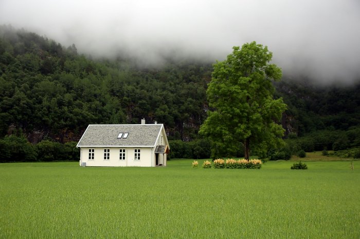 White house in a green field under foggy mountains