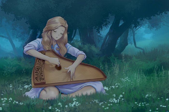 Anime Girl Playing Gusli in a Forest