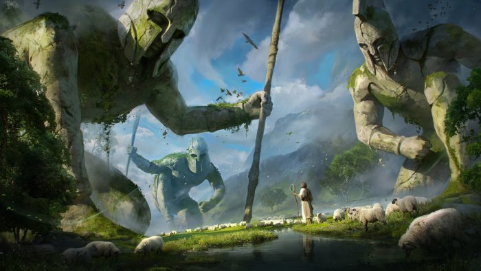 Shepherd and Sheep Among Giant Spartan Statues