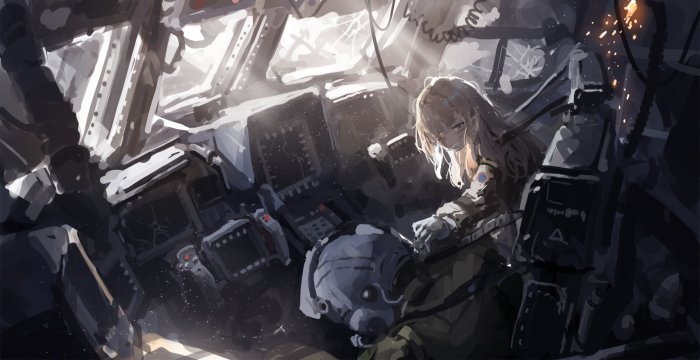 Anime Pilot Girl in Damaged Cockpit