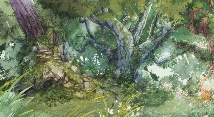 Gnarled Mossy Trees in an Illustrated Fantasy Forest