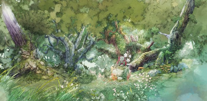 Watercolor Illustration of a Mystical Forest with Jizo Statue