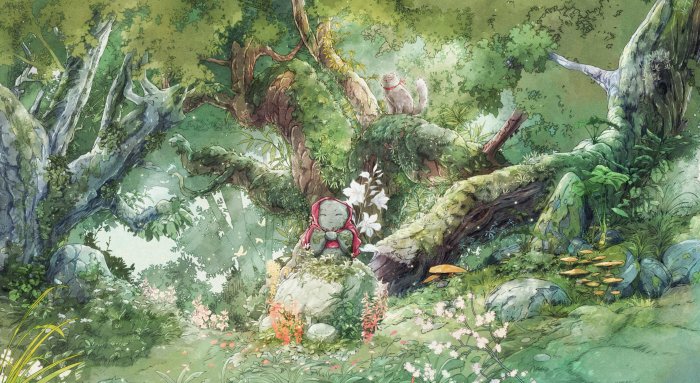 Small Jizo Statue and Cat in a Whimsical Forest