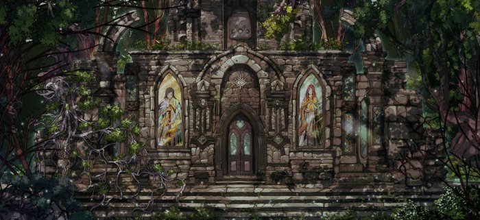Overgrown Stone Temple with Stained Glass Windows