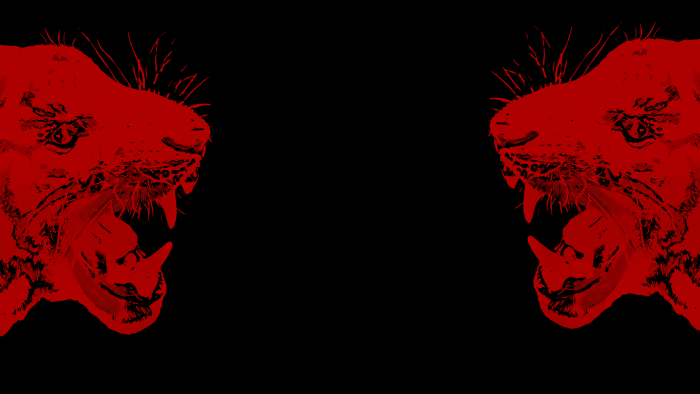 Two stylized red roaring panthers on black