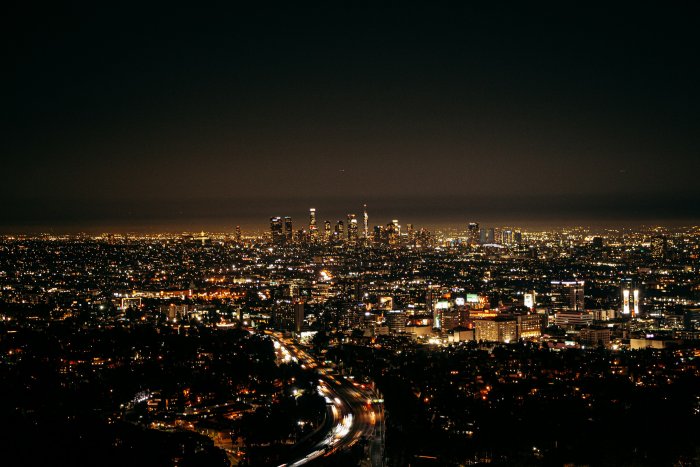 Night view of Los Angeles skyline and freeway