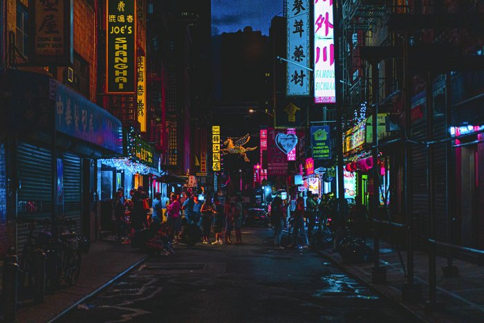 Chinatown Street at Night with Neon Signs